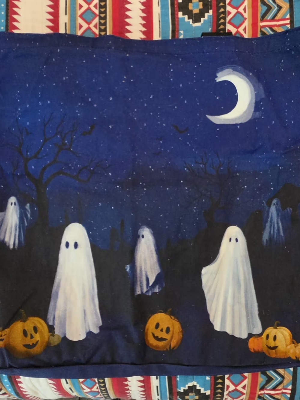 Blue Ghost and Pumpkin Canvas Reusable Tote Bag Halloween Tote NWT